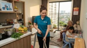 Nhân viên giúp việc nhà ở lại tại TPHCM dọn dẹp phòng khách sạch sẽ