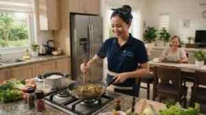 Nhân viên giúp việc nhà ở lại Tây Ninh đang lau dọn cửa kính và nội thất