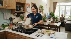 Nhân viên giúp việc nhà ở lại tại Tân An lau chùi và sắp xếp khu vực nhà bếp