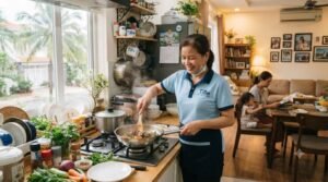Nhân viên giúp việc nhà ở lại tại Vũng Tàu làu chùi cửa kính, vệ sinh nhà cửa