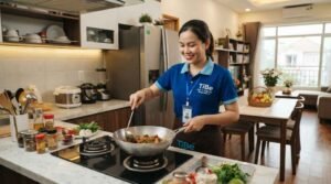Nhân viên giúp việc nhà ở lại tại Phú Nhuận lau sàn và cầu thang