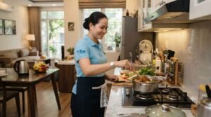 Giúp việc nhà ở lại tại Phú Nhuận lau dọn và khử khuẩn nhà bếp