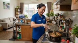 Nhân viên giúp việc ăn ở lại quận Tân Phú chuẩn bị bữa ăn gia đình