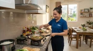 Nhân viên giúp việc nhà ở lại Đồng Nai đang dọn dẹp phòng khách