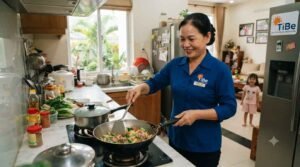 Nhân viên giúp việc nhà ở lại Long Khánh đang dọn dẹp phòng khách