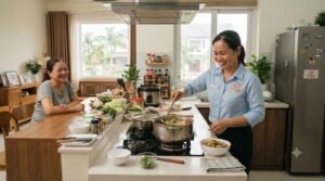 Nhân viên giúp việc nhà ở lại Cần Thơ đang dọn dẹp phòng khách sạch sẽ