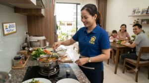 Người giúp việc nhà ăn ở lại tại Tân An đang lau dọn và sắp xếp phòng khách gọn gàng