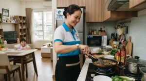 Người giúp việc nhà ở lại Tân Phú đang lau dọn phòng khách sạch sẽ