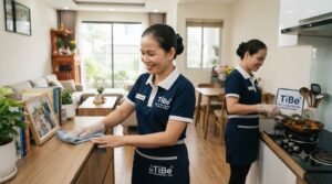 Nhân viên giúp việc nhà ở lại Thủ Dầu Một đang dọn dẹp phòng khách sạch sẽ