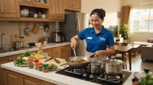 Người giúp việc nhà ăn ở lại dọn dẹp phòng khách sạch sẽ